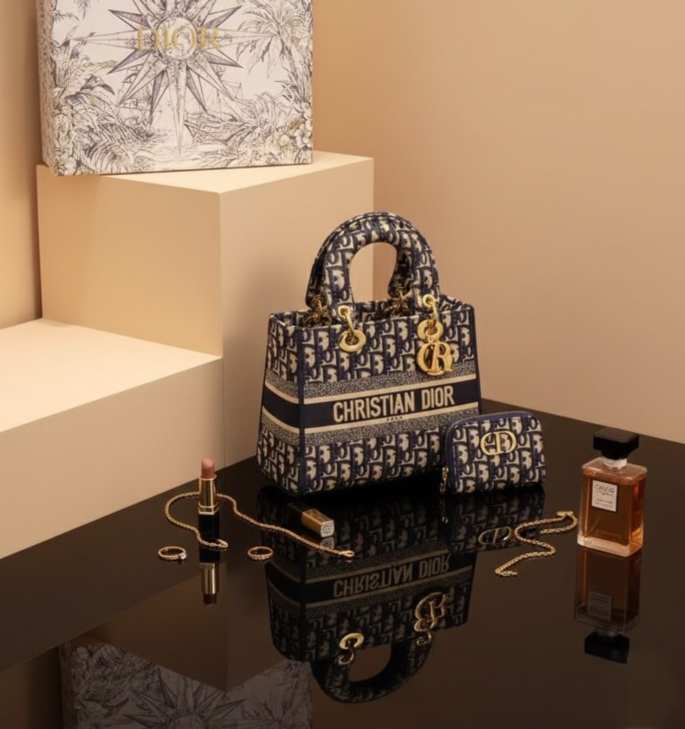 ديور بوك توت بنقشة أوبليك. (Dior book tote) اللون الكحلي